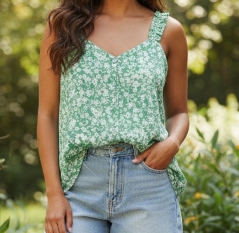 Lush Green Floral V-Neck Ruffle Strap Tank
